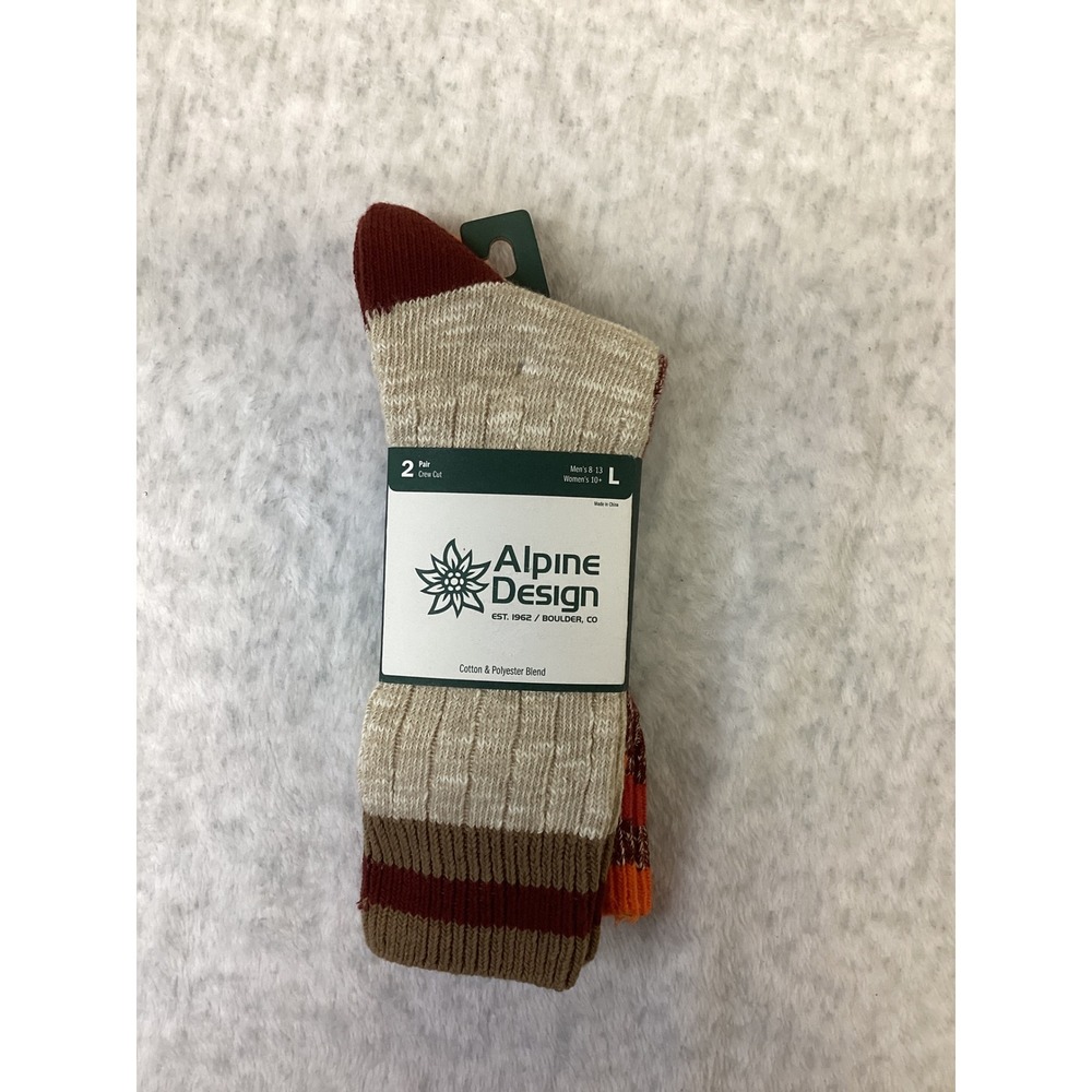 Alpine Design 2 Pair Ragg Hiker Crew Socks Maroon Brown Orange L AD24-SOK-2401.